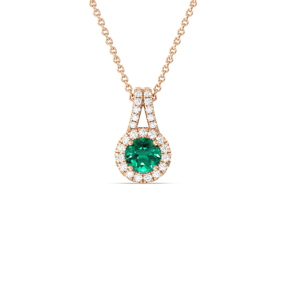 Round Shape Created Emerald and Lab Diamond Classic Halo Pendant With Studded Split Bale with 14KT Rose Gold Cut Diamond in 14KT Rose Gold view 1
