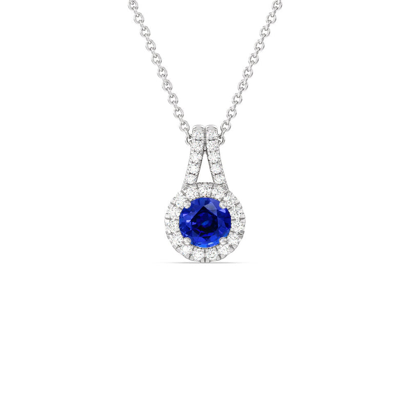 Round Created Sapphire and Lab Diamond Classic Halo Pendant With Studded Split Bale