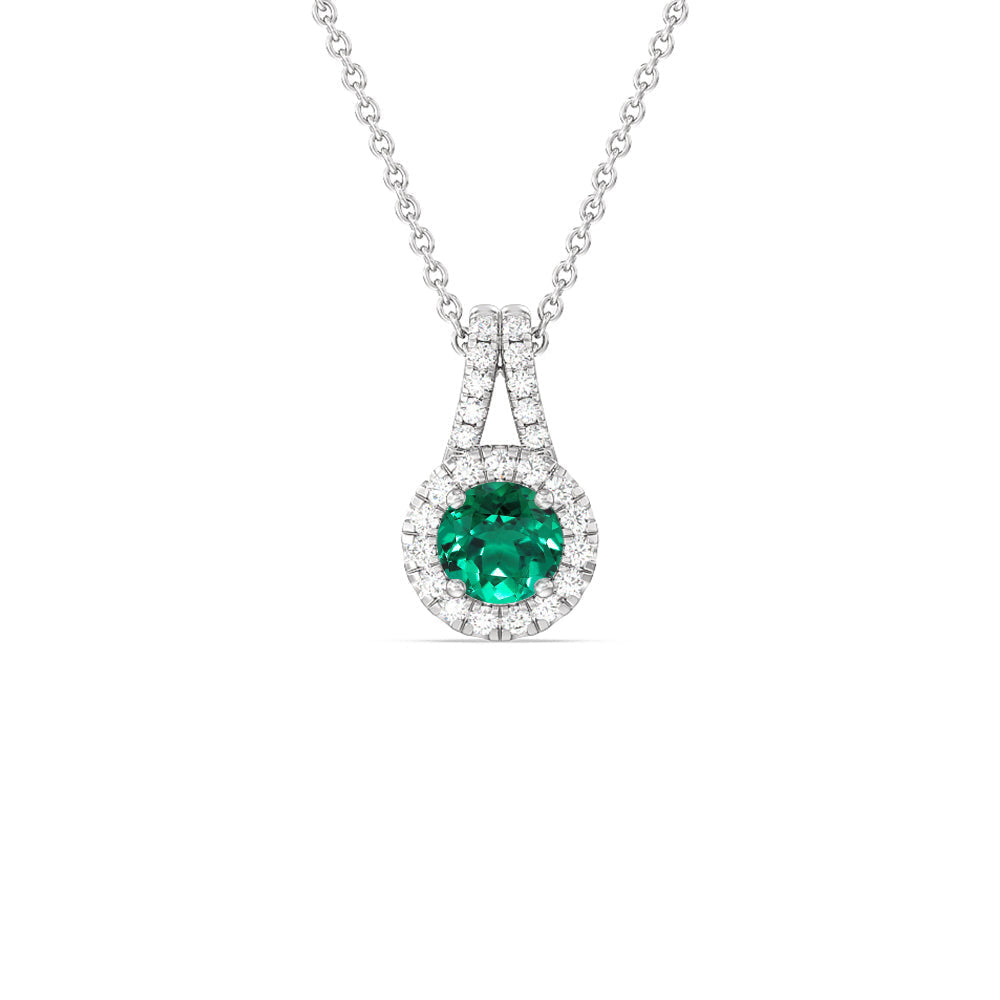 Round Shape Created Emerald and Lab Diamond Classic Halo Pendant With Studded Split Bale with 14KT White Gold Cut Diamond in 14KT White Gold view 1
