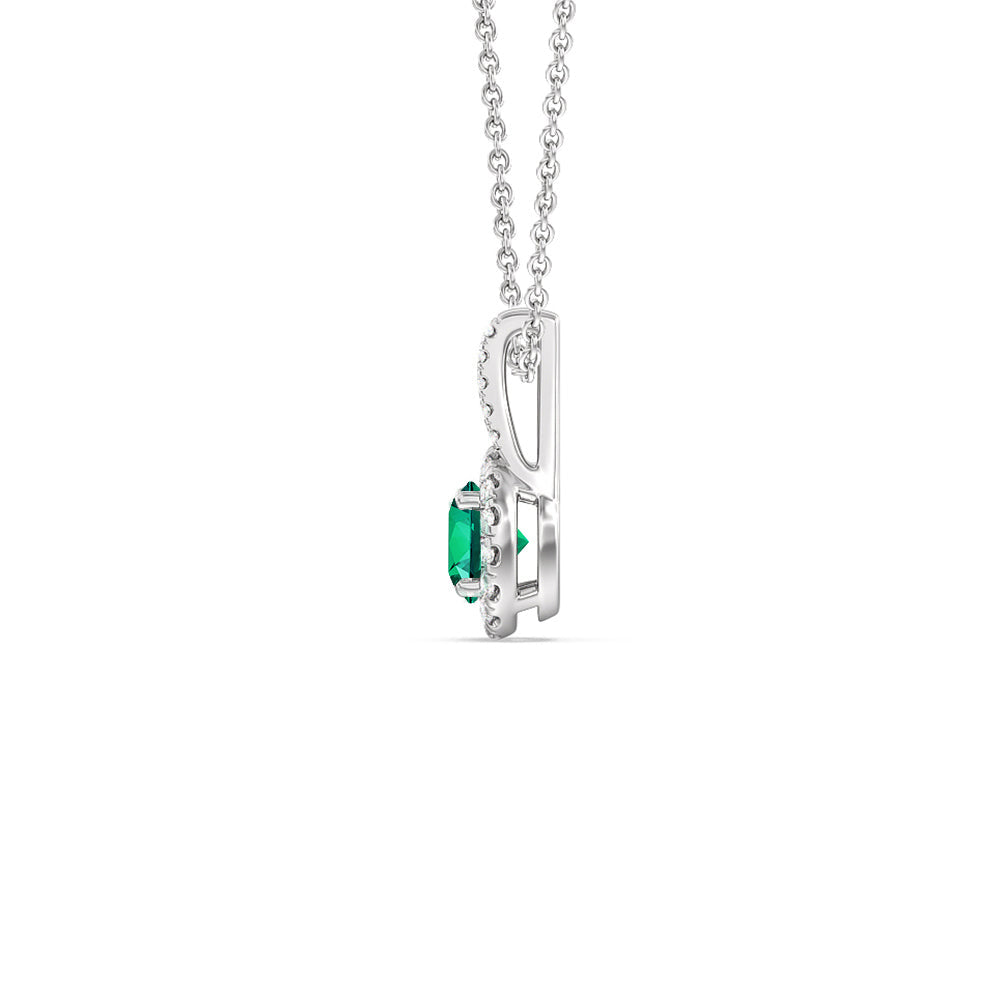 Round Shape Created Emerald and Lab Diamond Classic Halo Pendant With Studded Split Bale with 14KT White Gold Cut Diamond in 14KT White Gold view 2
