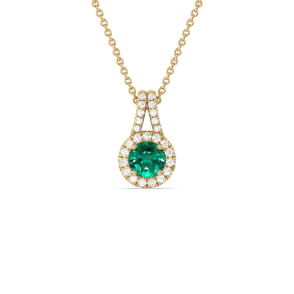 Round Shape Created Emerald and Lab Diamond Classic Halo Pendant With Studded Split Bale with 14KT Yellow Gold Cut Diamond in 14KT Yellow Gold view 1
