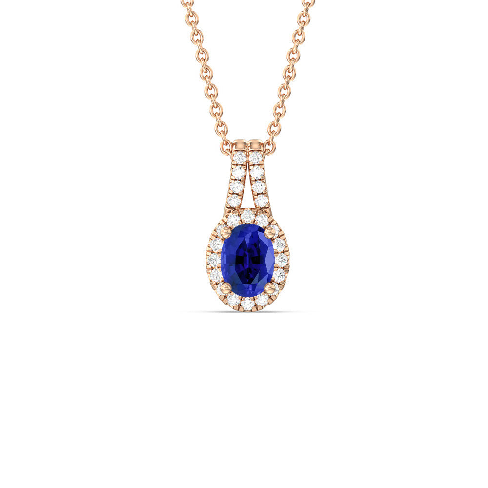 Oval Created Sapphire and Lab Diamond Classic Halo Pendant With Studded Split Bale with 14KT Rose Gold Cut Diamond in 14KT Rose Gold view 1
