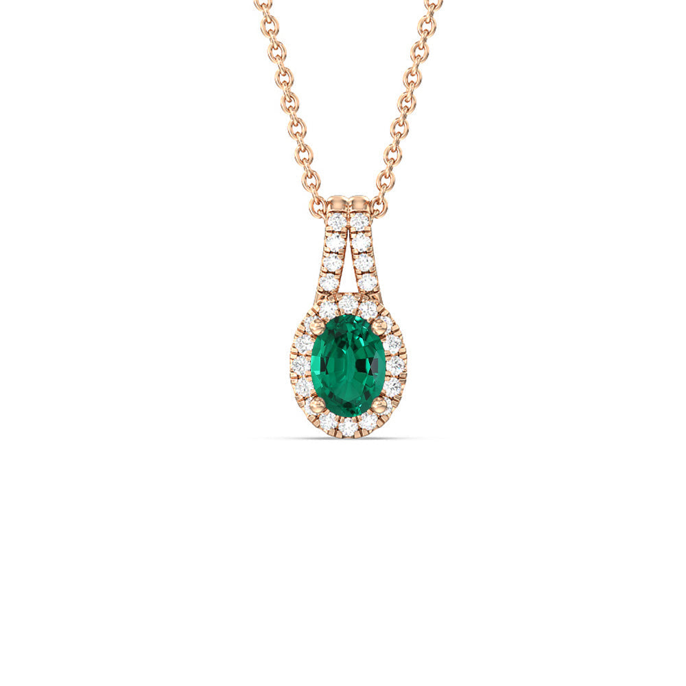 Oval Shape Created Emerald and Lab Diamond Classic Halo Pendant With Studded Split Bale with 14KT Rose Gold Cut Diamond in 14KT Rose Gold view 1
