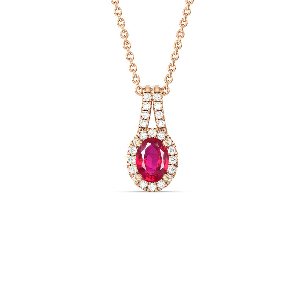 Oval Created Ruby and Lab Diamond Classic Halo Pendant With Studded Split Bale with 14KT Rose Gold Cut Diamond in 14KT Rose Gold view 1
