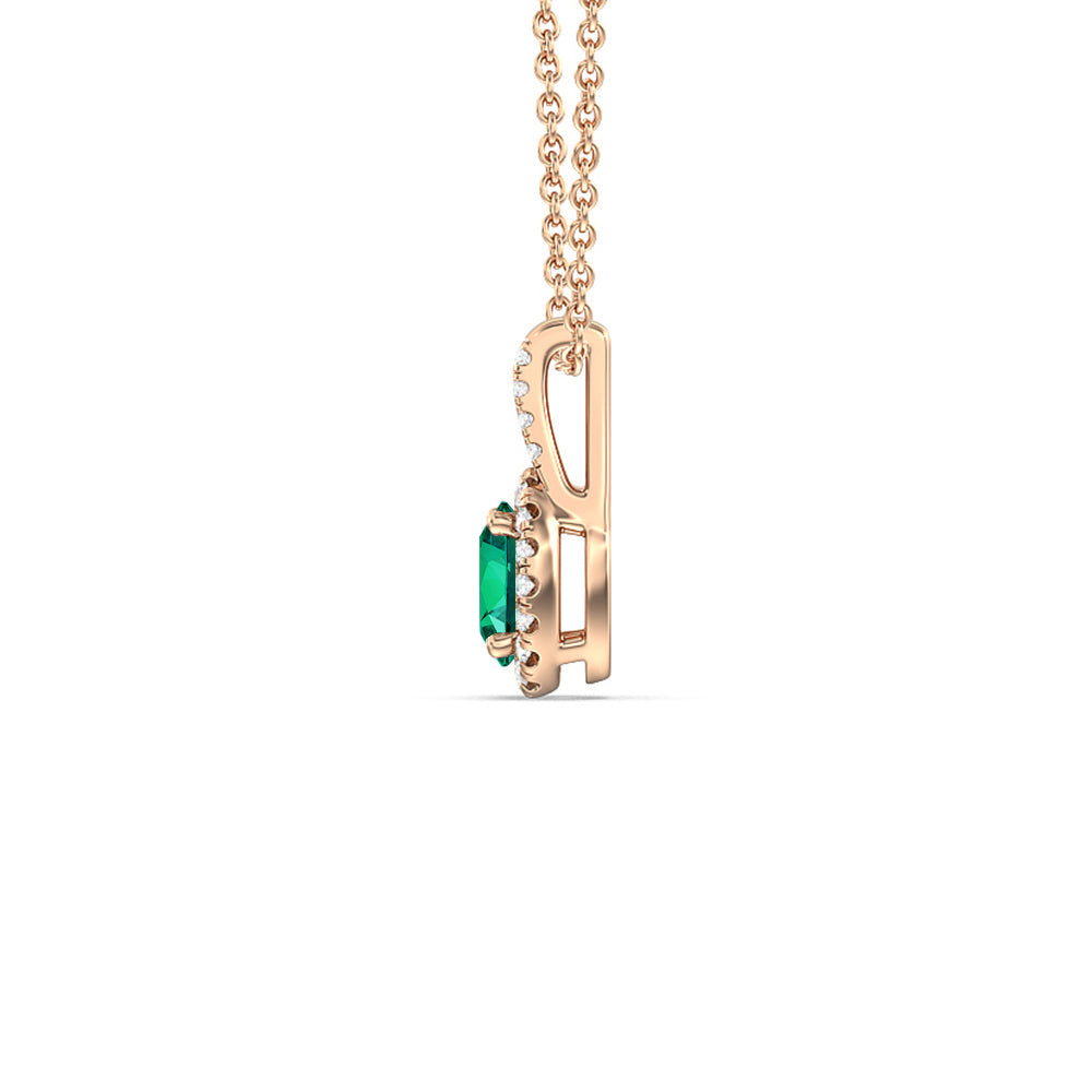 Oval Shape Created Emerald and Lab Diamond Classic Halo Pendant With Studded Split Bale with 14KT Rose Gold Cut Diamond in 14KT Rose Gold view 2
