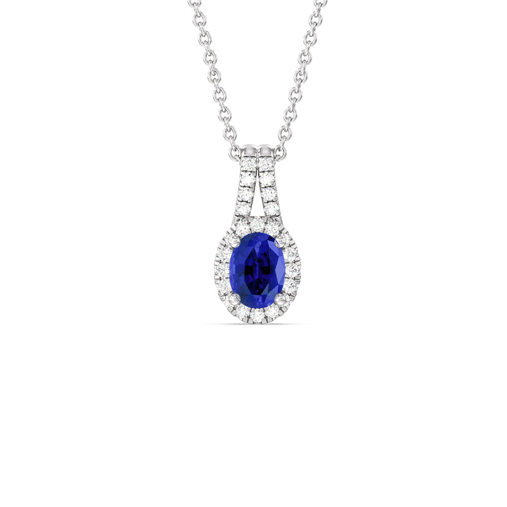 Oval Created Sapphire and Lab Diamond Classic Halo Pendant With Studded Split Bale with 14KT White Gold Cut Diamond in 14KT White Gold view 1
