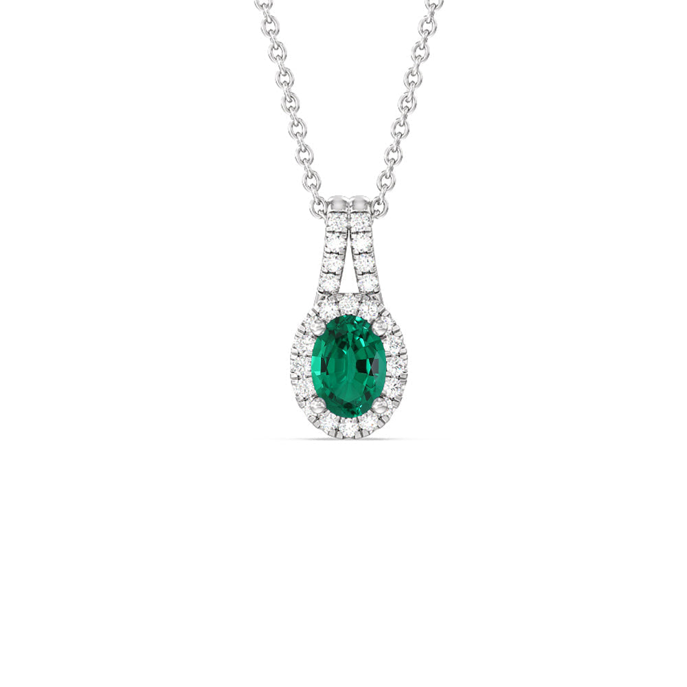 Oval Shape Created Emerald and Lab Diamond Classic Halo Pendant With Studded Split Bale with 14KT White Gold Cut Diamond in 14KT White Gold view 1
