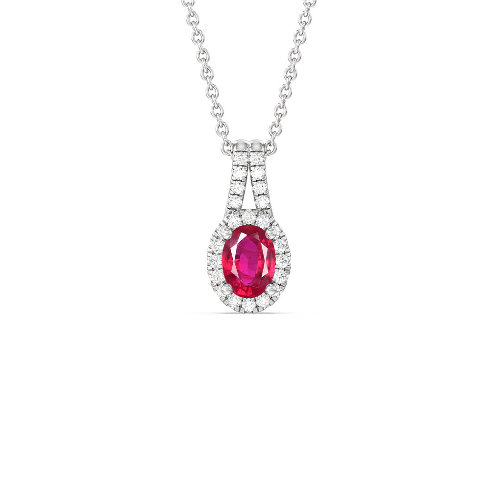 Oval Created Ruby and Lab Diamond Classic Halo Pendant With Studded Split Bale with 14KT White Gold Cut Diamond in 14KT White Gold view 1
