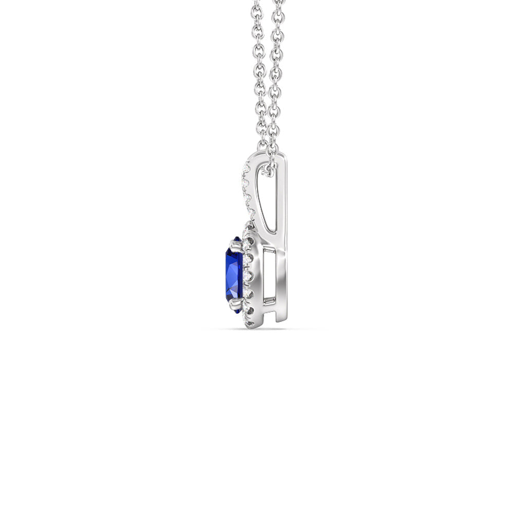 Oval Created Sapphire and Lab Diamond Classic Halo Pendant With Studded Split Bale with 14KT White Gold Cut Diamond in 14KT White Gold view 2
