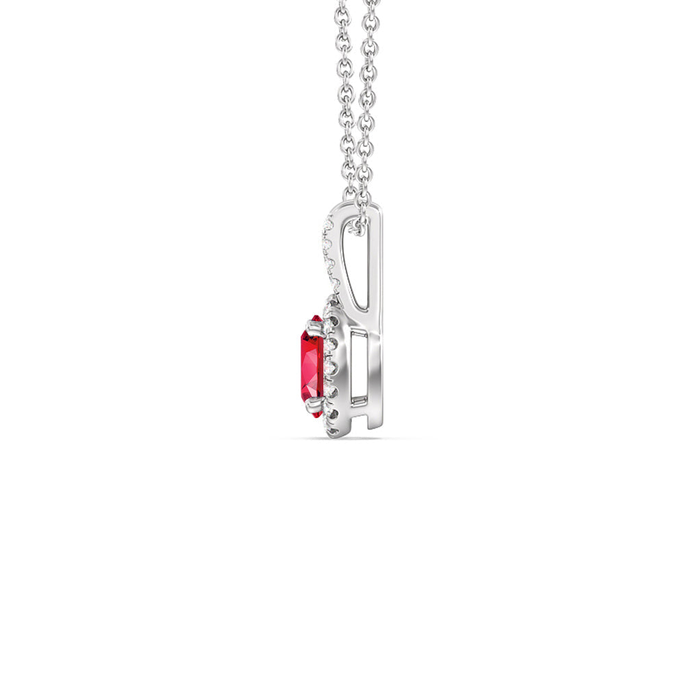 Oval Created Ruby and Lab Diamond Classic Halo Pendant With Studded Split Bale with 14KT White Gold Cut Diamond in 14KT White Gold view 2
