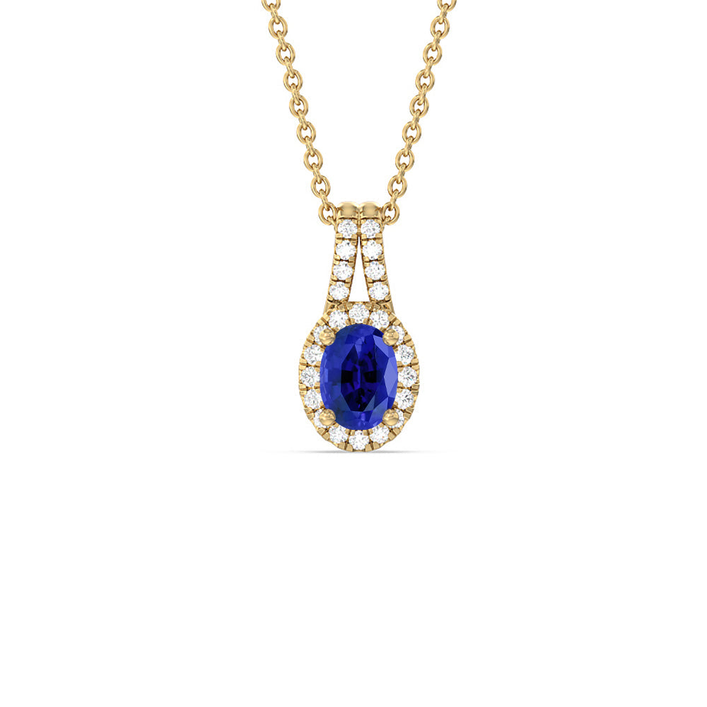 Oval Created Sapphire and Lab Diamond Classic Halo Pendant With Studded Split Bale with 14KT Yellow Gold Cut Diamond in 14KT Yellow Gold view 1
