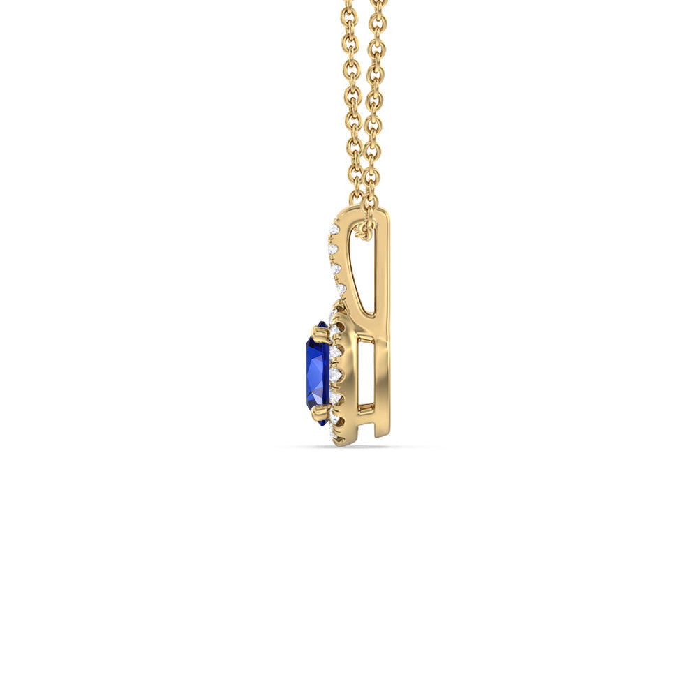 Oval Created Sapphire and Lab Diamond Classic Halo Pendant With Studded Split Bale with 14KT Yellow Gold Cut Diamond in 14KT Yellow Gold view 2
