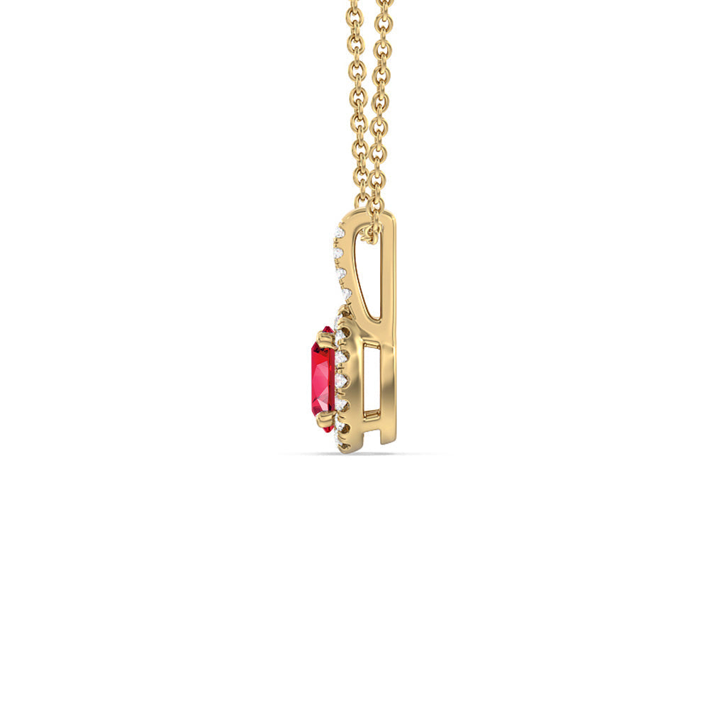 Oval Created Ruby and Lab Diamond Classic Halo Pendant With Studded Split Bale with 14KT Yellow Gold Cut Diamond in 14KT Yellow Gold view 2
