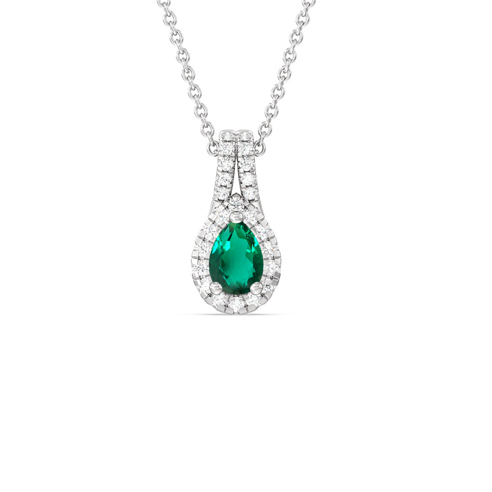 Pear Shape Created Emerald and Lab Diamond Classic Halo Pendant With Studded Split Bale with 14KT White Gold Cut Diamond in 14KT White Gold view 1
