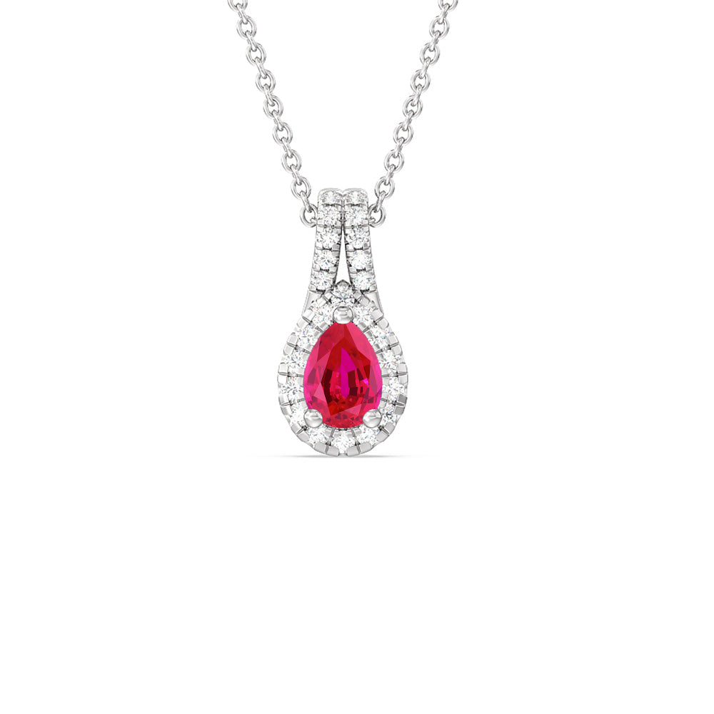 Pear Created Ruby and Lab Diamond Classic Halo Pendant With Studded Split Bale with 14KT White Gold Cut Diamond in 14KT White Gold view 1
