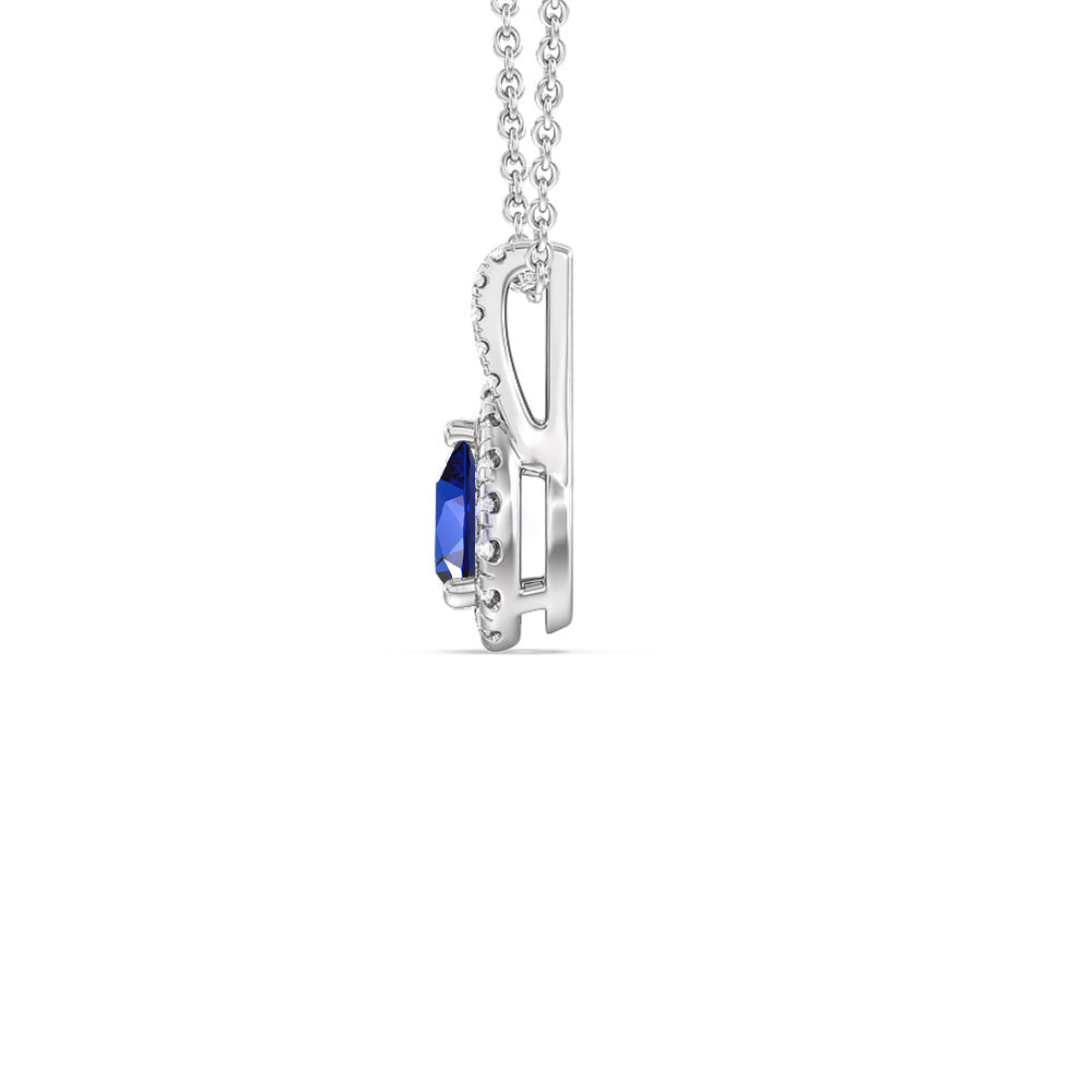 Pear Created Sapphire and Lab Diamond Classic Halo Pendant With Studded Split Bale with 14KT White Gold Cut Diamond in 14KT White Gold view 2
