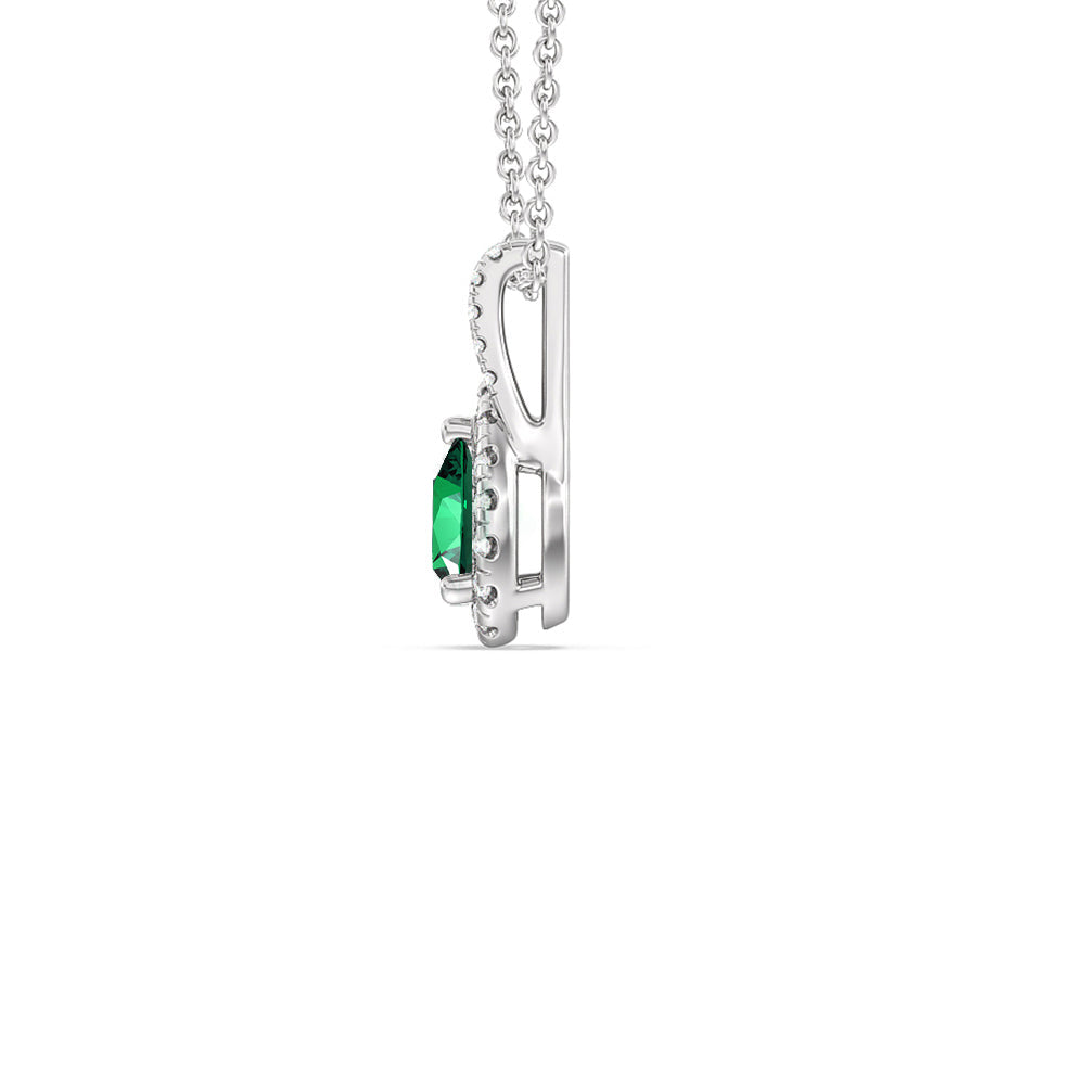 Pear Shape Created Emerald and Lab Diamond Classic Halo Pendant With Studded Split Bale with 14KT White Gold Cut Diamond in 14KT White Gold view 2
