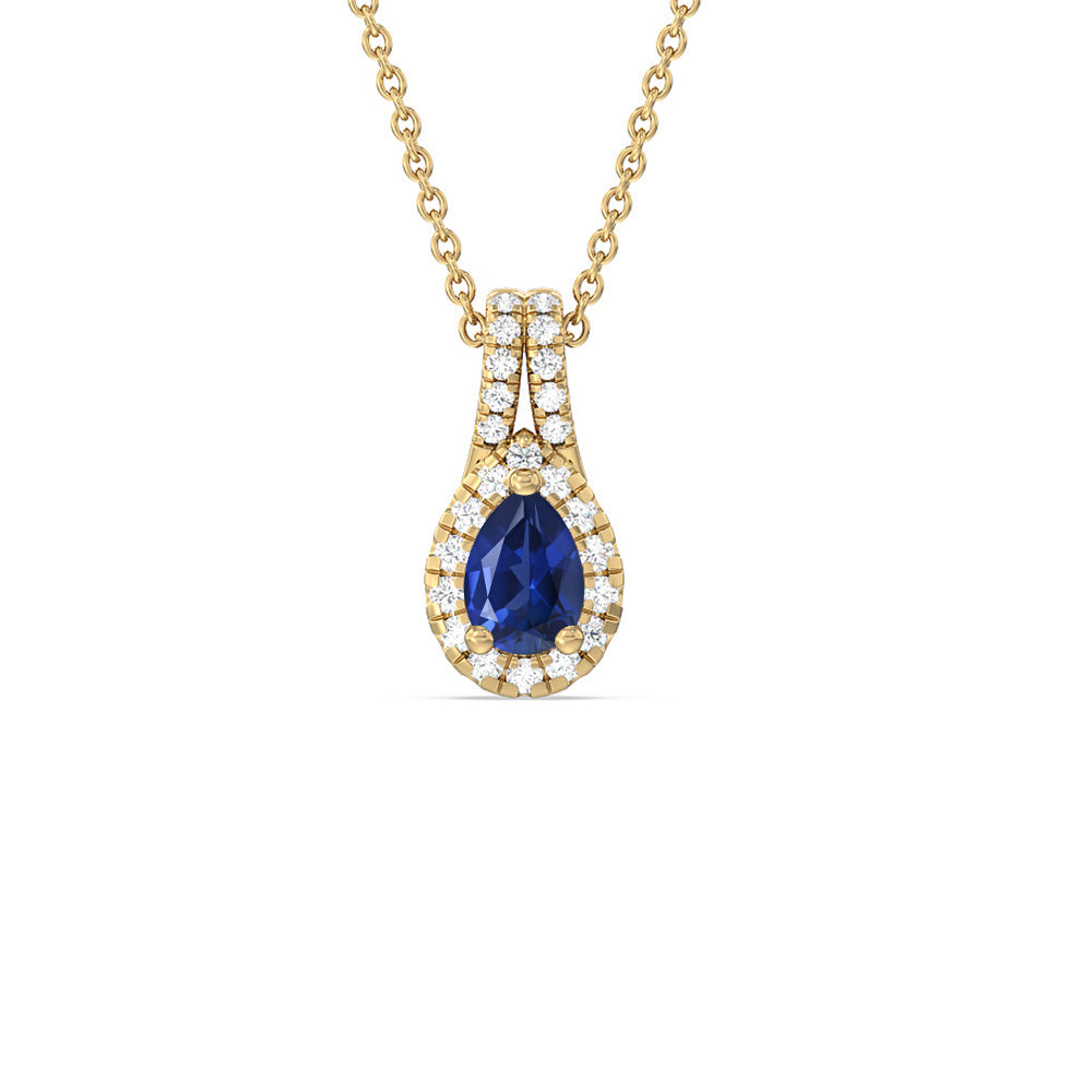 Pear Created Sapphire and Lab Diamond Classic Halo Pendant With Studded Split Bale with 14KT Yellow Gold Cut Diamond in 14KT Yellow Gold view 1
