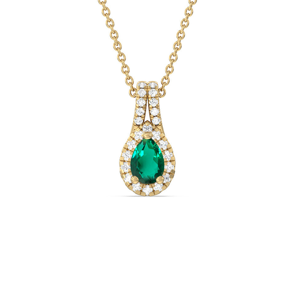 Pear Shape Created Emerald and Lab Diamond Classic Halo Pendant With Studded Split Bale with 14KT Yellow Gold Cut Diamond in 14KT Yellow Gold view 1

