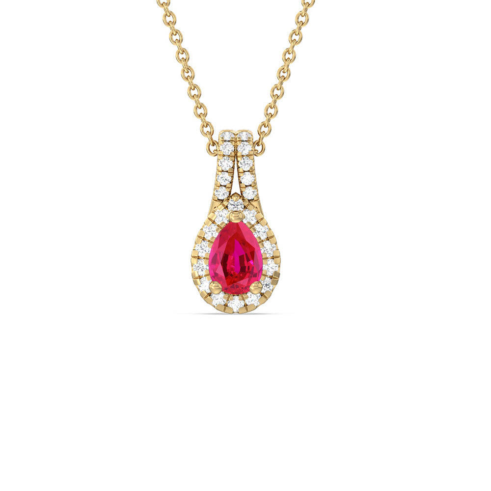 Pear Created Ruby and Lab Diamond Classic Halo Pendant With Studded Split Bale with 14KT Yellow Gold Cut Diamond in 14KT Yellow Gold view 1

