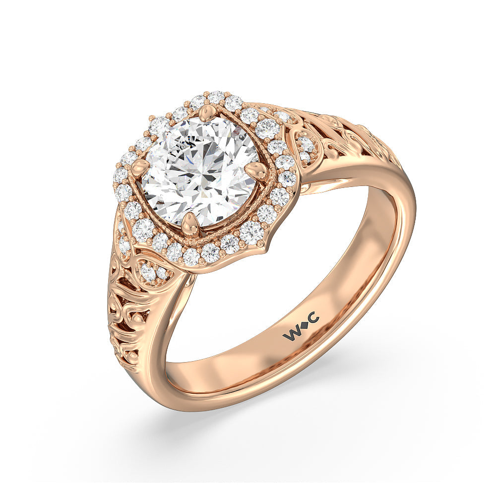Round Cut Vintage Filigree Fancy Halo Engagement Ring with Lab Grown Diamond in 14KT Rose Gold view 3
