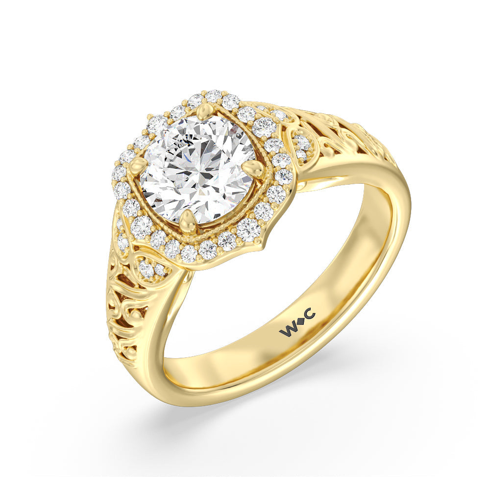 Round Cut Vintage Filigree Fancy Halo Engagement Ring with Lab Grown Diamond in 14KT Yellow Gold view 3
