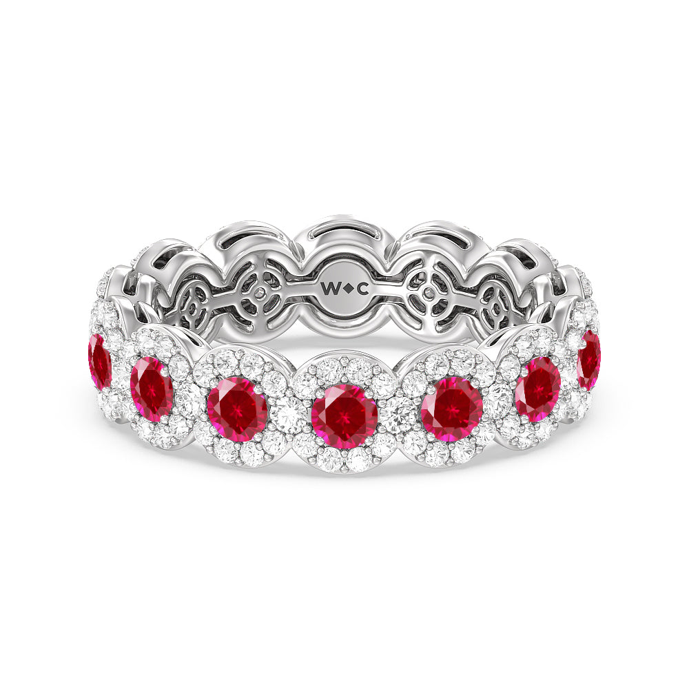 Created Ruby Round Halo Eternity Ring with 14KT White Gold Cut Diamond in 14KT White Gold view 1
