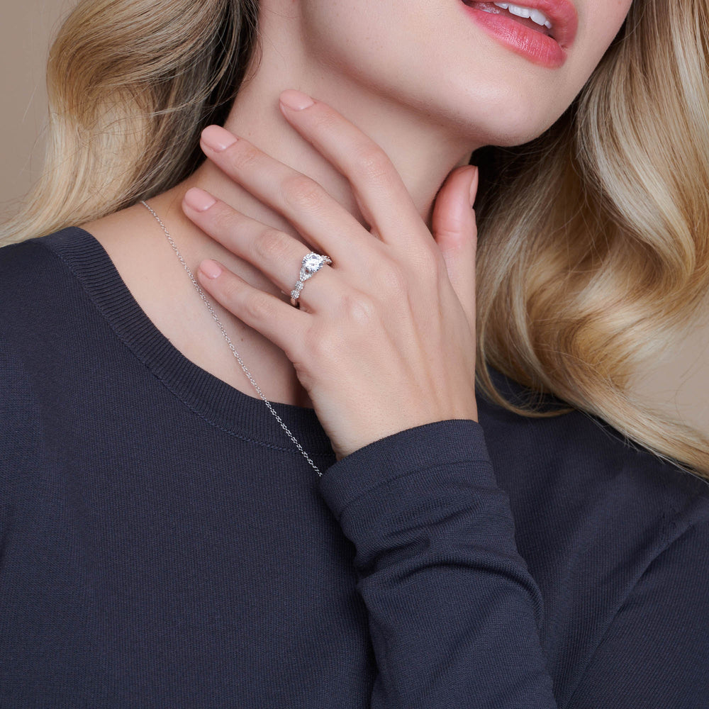 Model Wearing Vintage Filigree Petal Engagement Ring view