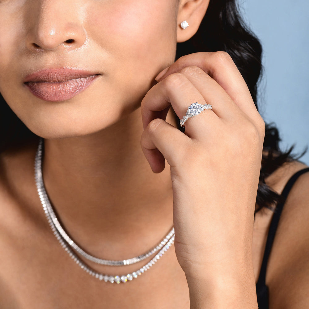 Model Wearing Vintage Filigree Petal Engagement Ring view
