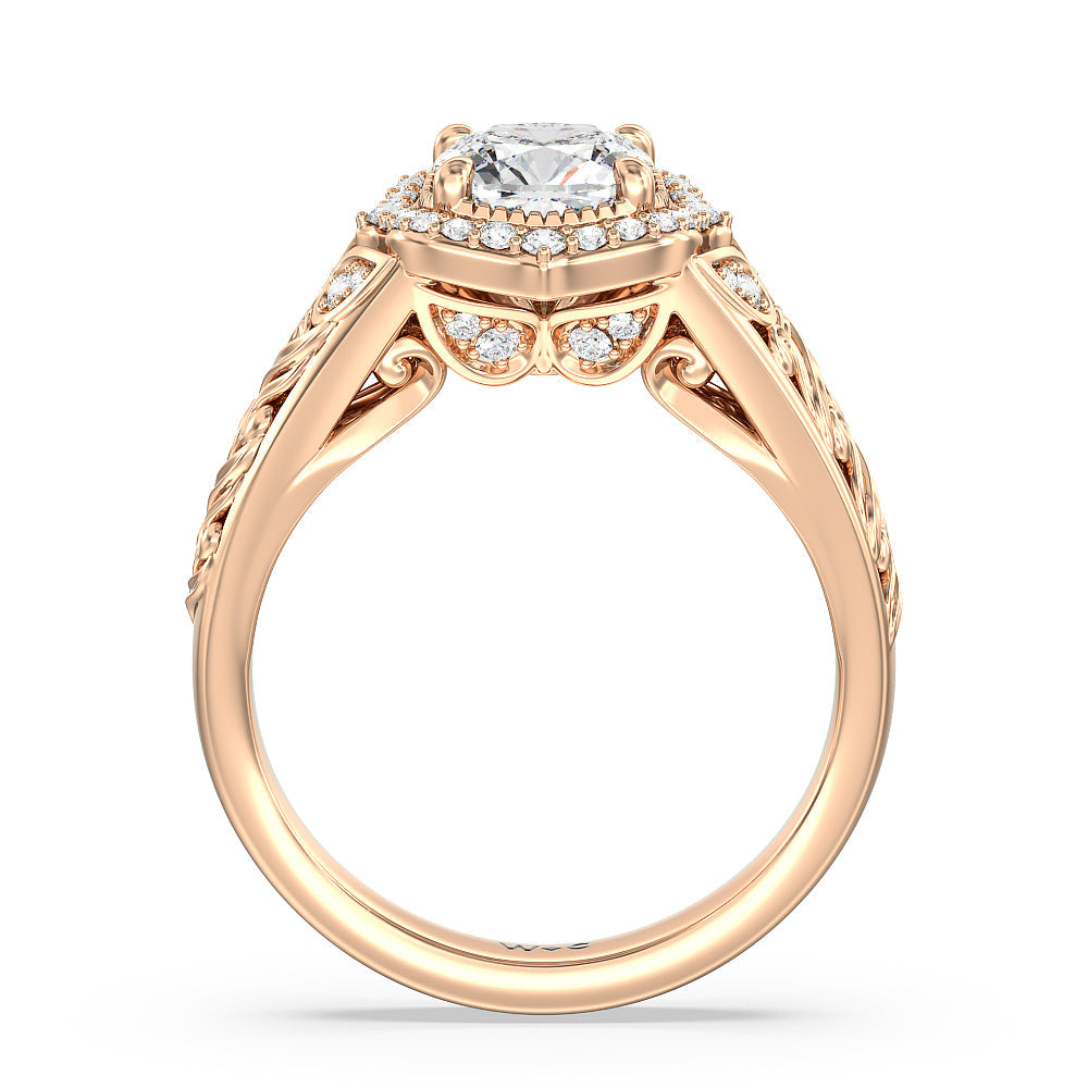 Cushion Cut Vintage Filigree Fancy Halo Engagement Ring with Lab Grown Diamond in 14KT Rose Gold view 2
