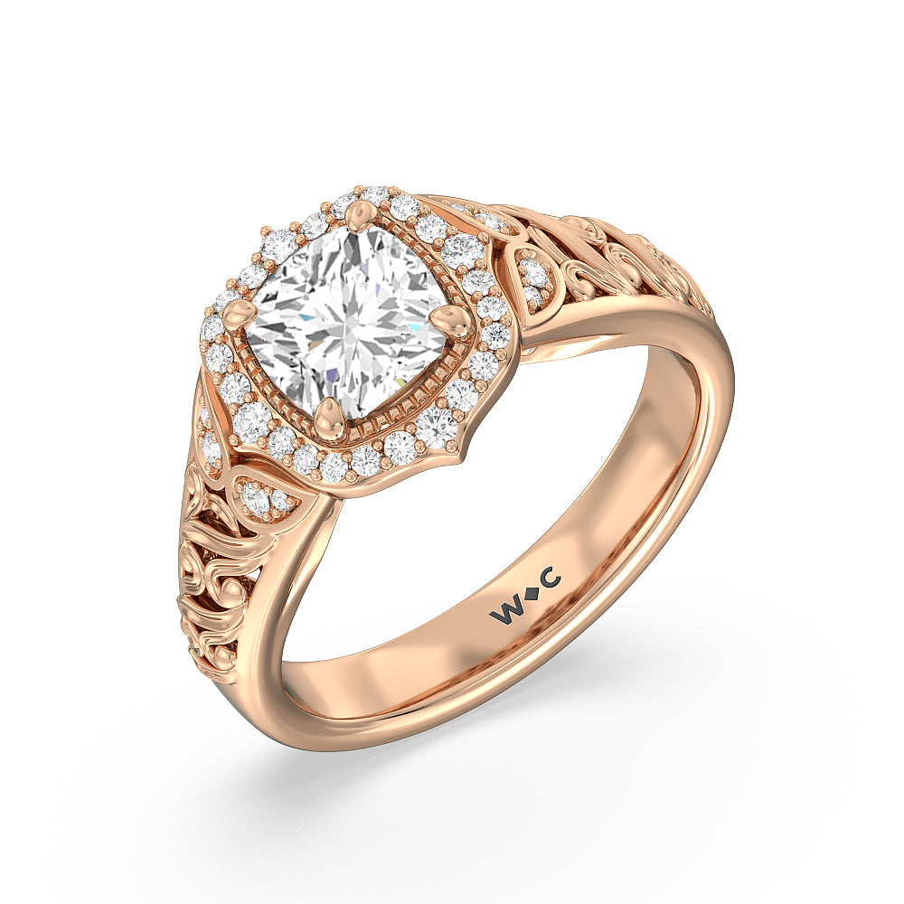 Cushion Cut Vintage Filigree Fancy Halo Engagement Ring with Lab Grown Diamond in 14KT Rose Gold view 3
