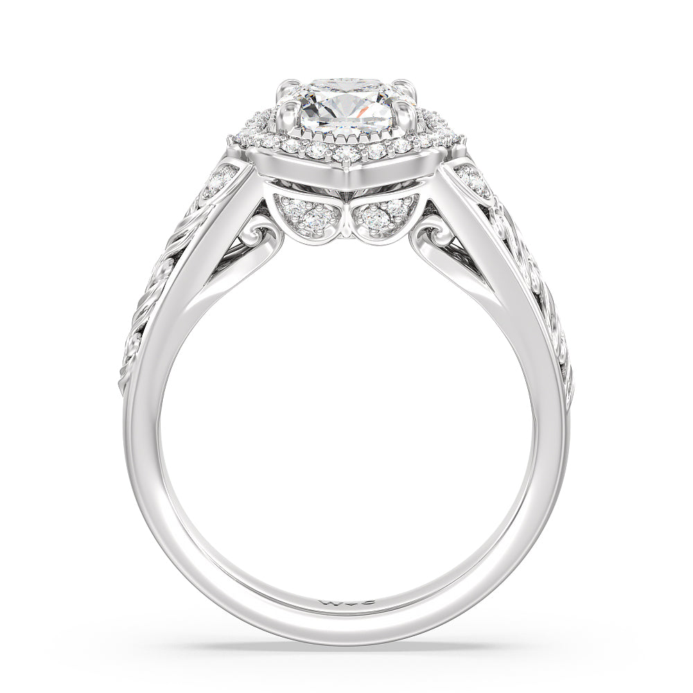 Cushion Cut Vintage Filigree Fancy Halo Engagement Ring with Lab Grown Diamond in 14KT Platinum view 2
