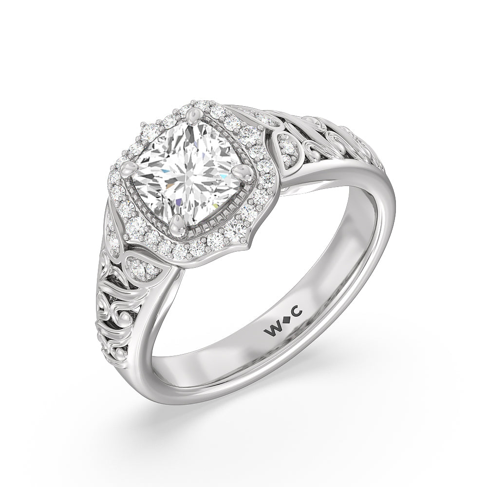 Cushion Cut Vintage Filigree Fancy Halo Engagement Ring with Lab Grown Diamond in 14KT Platinum view 3

