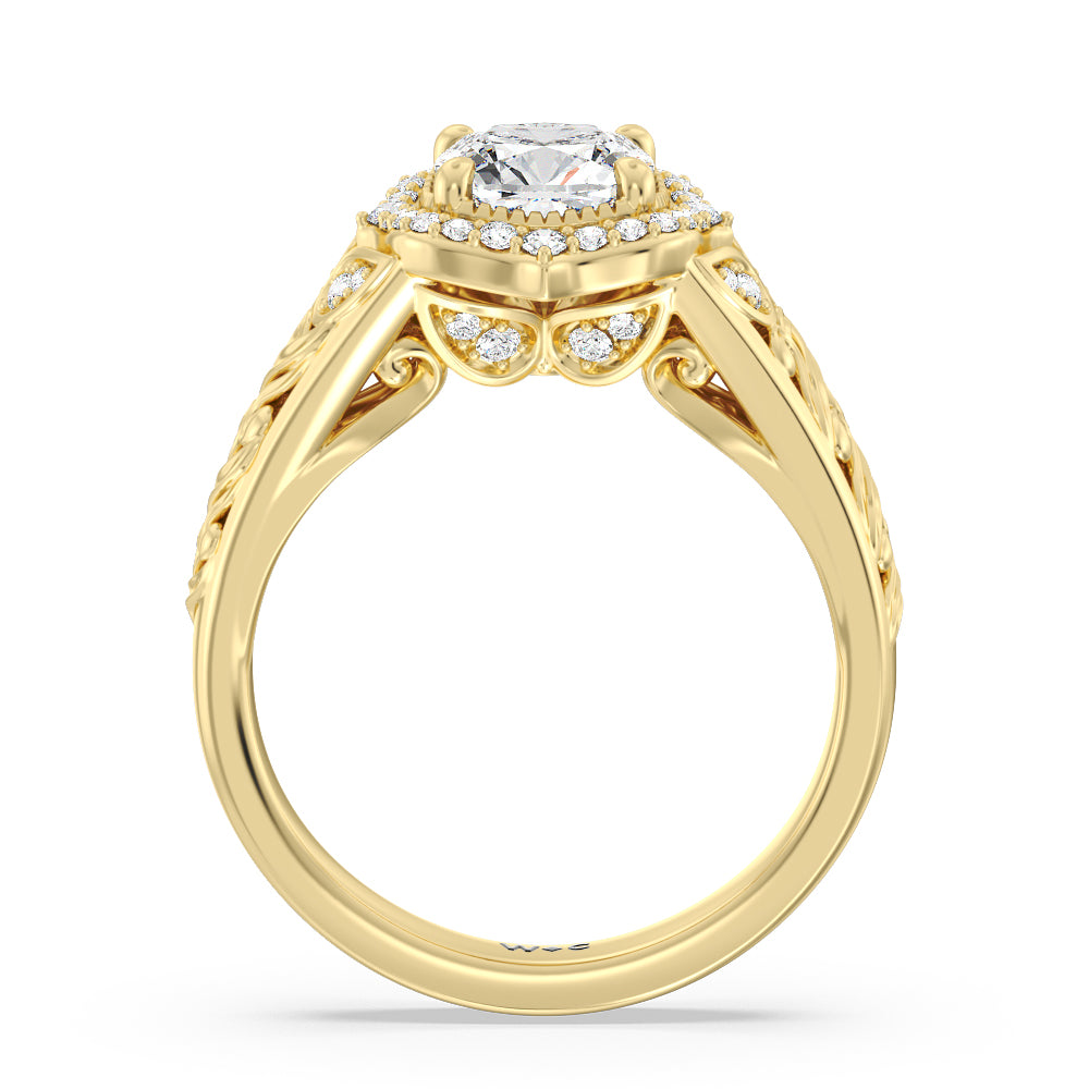 Cushion Cut Vintage Filigree Fancy Halo Engagement Ring with Lab Grown Diamond in 14KT Yellow Gold view 2
