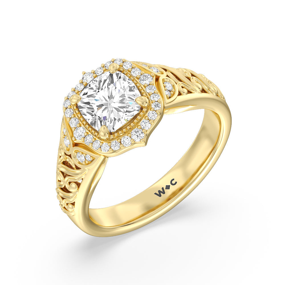Cushion Cut Vintage Filigree Fancy Halo Engagement Ring with Lab Grown Diamond in 14KT Yellow Gold view 3
