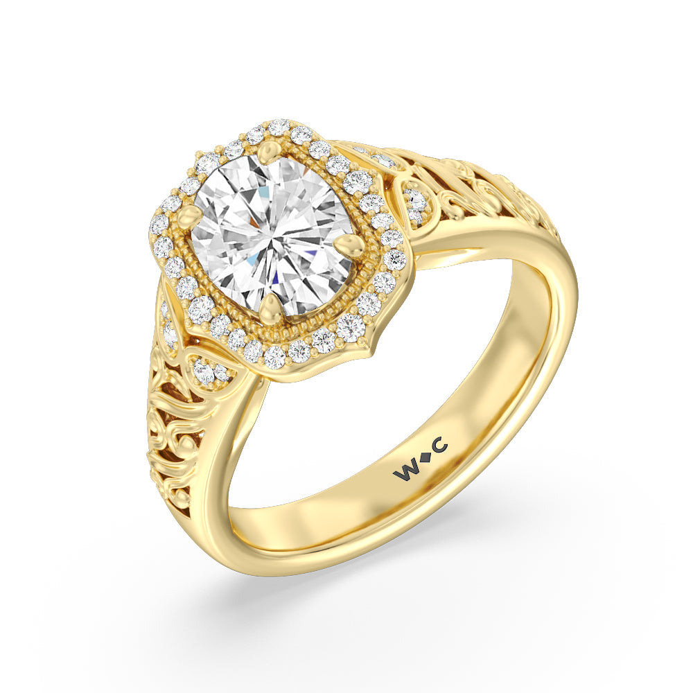 Oval Cut Vintage Filigree Fancy Halo Engagement Ring with Lab Grown Diamond in 14KT Yellow Gold view 3
