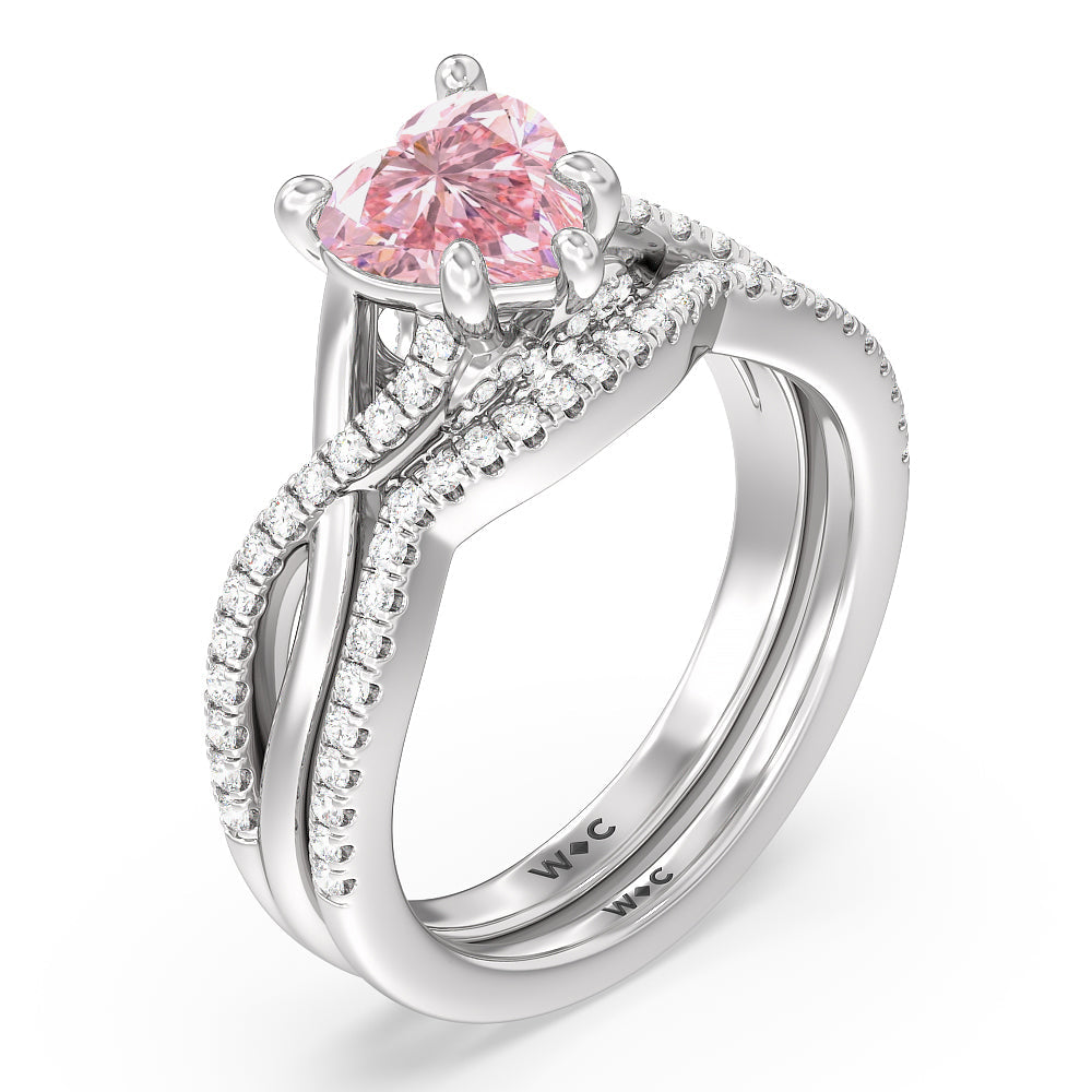 Heart Cut Fancy Pink Vintage Glamour Ribbon Swirl Engagement Ring with Lab Grown Diamond in 14KT Platinum view 3
