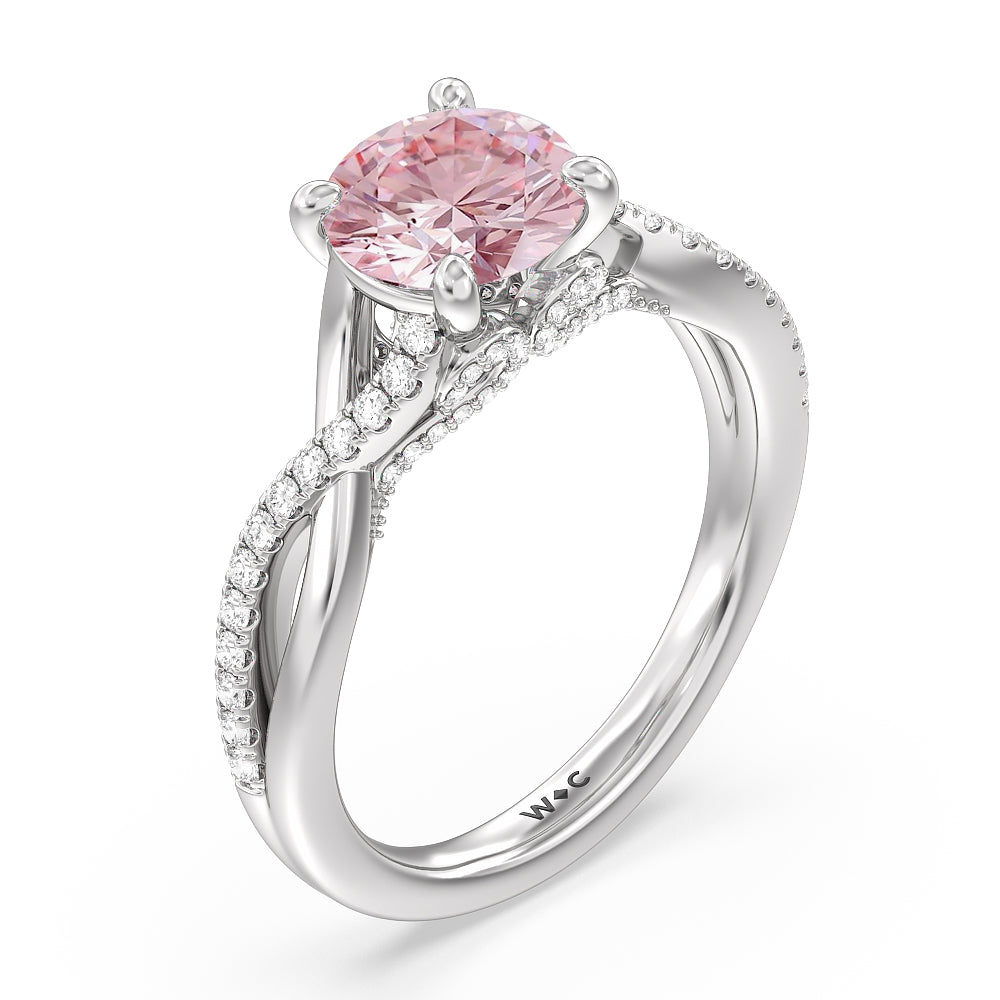 Round Cut Fancy Pink Vintage Glamour Ribbon Swirl Engagement Ring with Lab Grown Diamond in 14KT Platinum view 3
