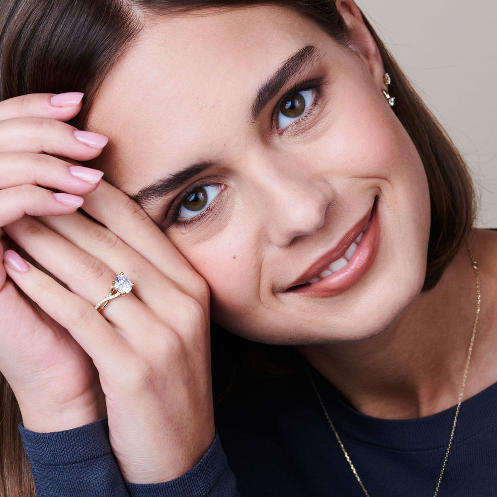 Model Wearing Glamour Ribbon Swirl Engagement Ring view