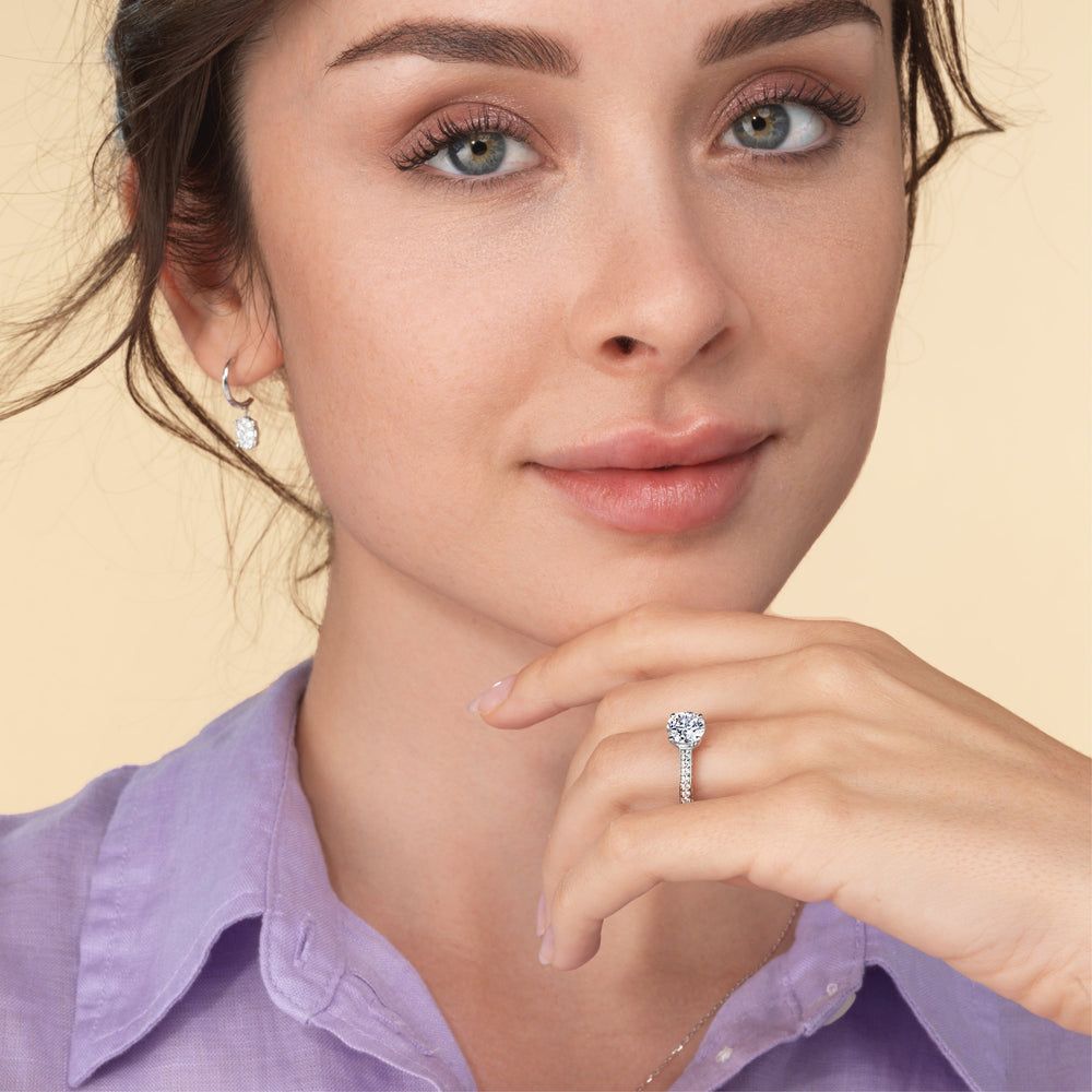 Model Wearing Vintage Classic Hidden Halo Engagement Ring view