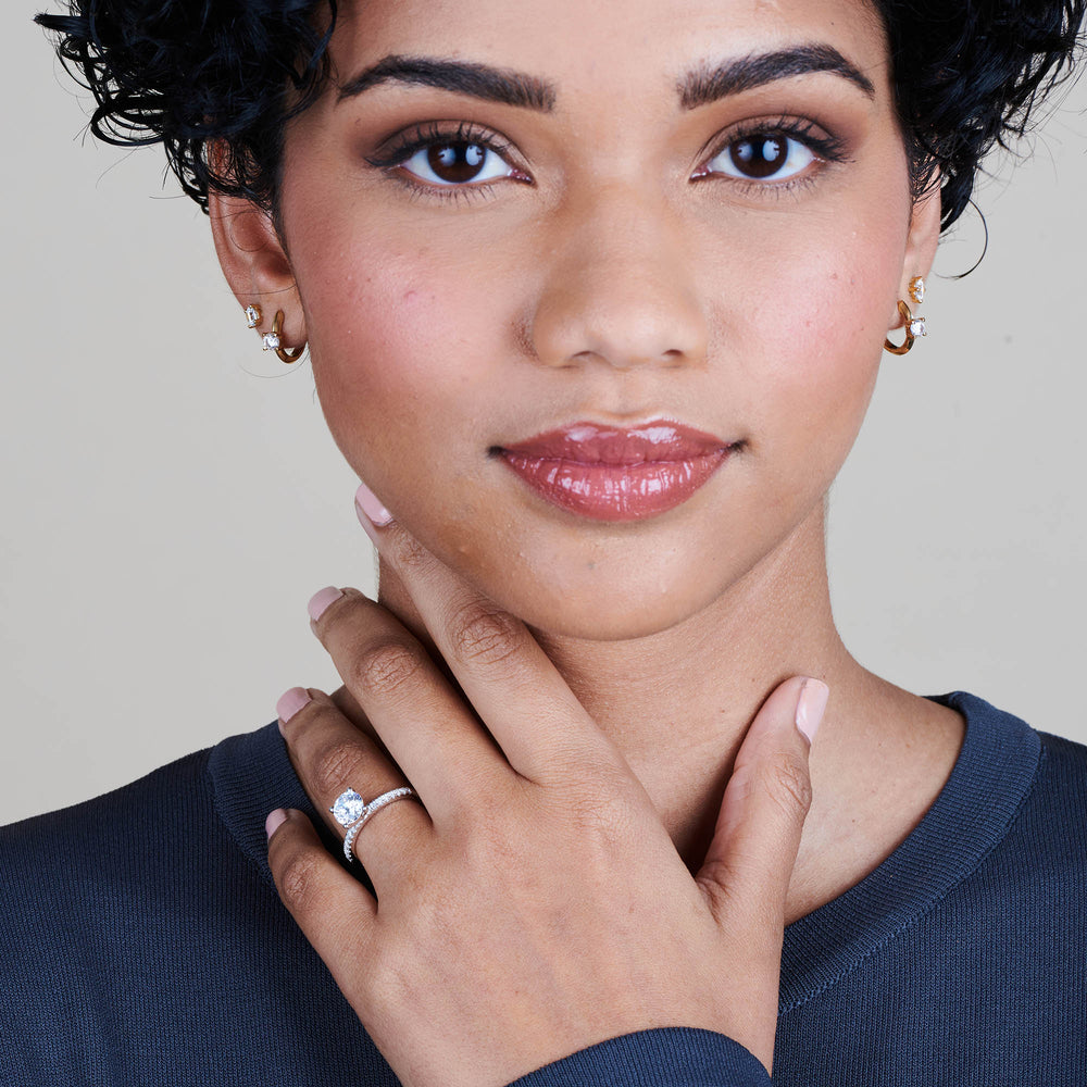 Model Wearing Classic Pave Diamond Engagement Ring with Lab Grown Diamond view
