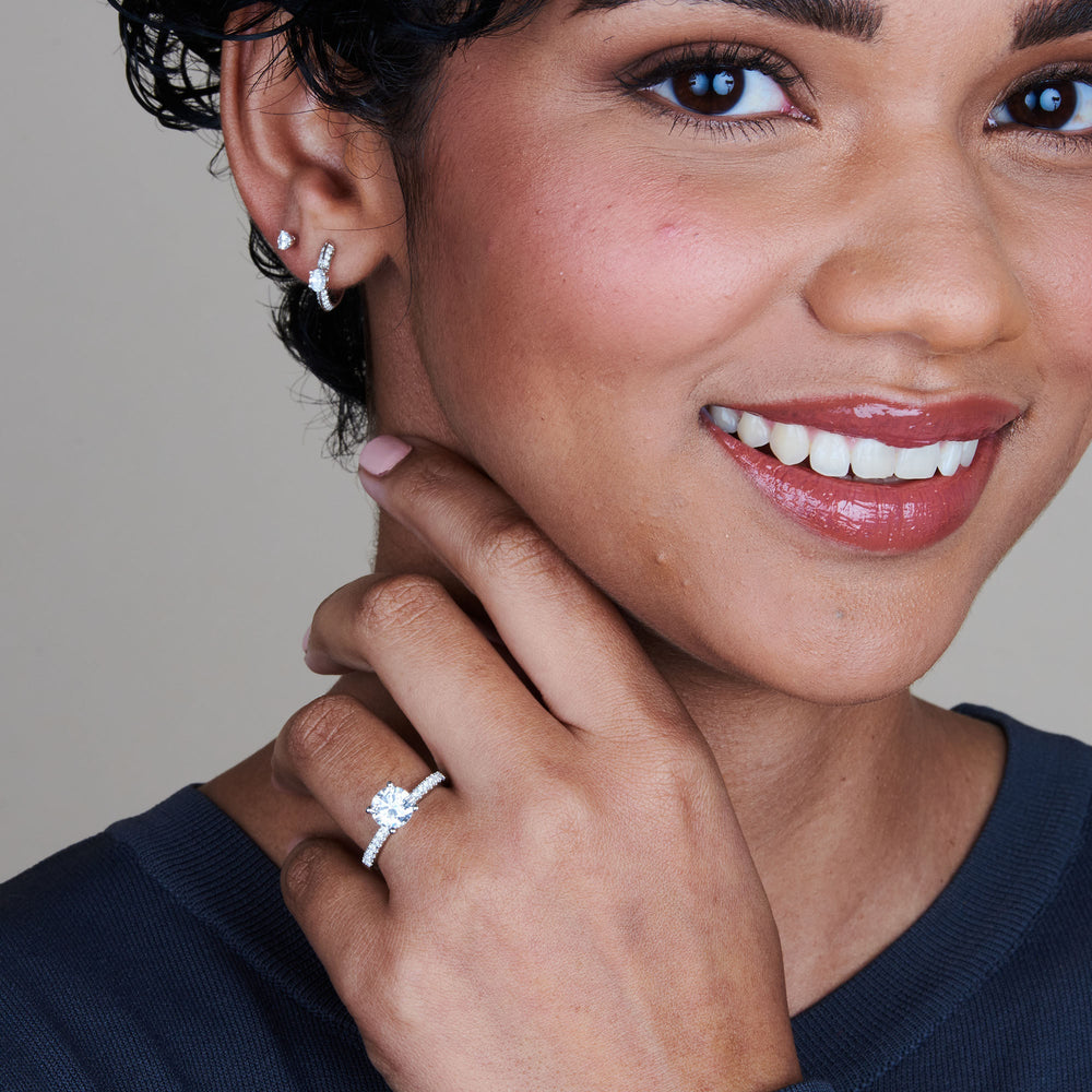 Model Wearing Classic Pave Diamond Engagement Ring with Lab Grown Diamond view