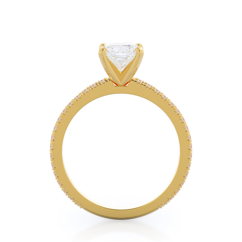 Petite French Set Diamond Engagement Ring with Cushion Cut Diamond in 14KT Yellow Gold view 2
