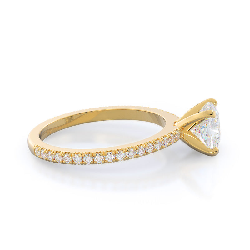 Petite French Set Diamond Engagement Ring with Cushion Cut Diamond in 14KT Yellow Gold view 3
