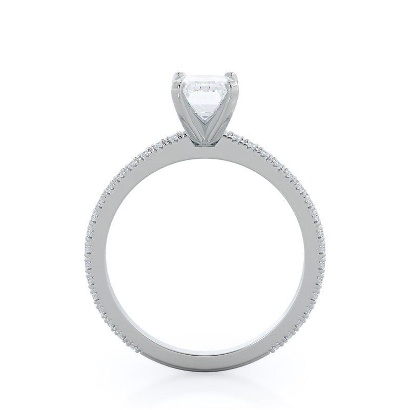 Petite French Set Diamond Engagement Ring with Emerald Cut Diamond in 14KT Platinum view 2
