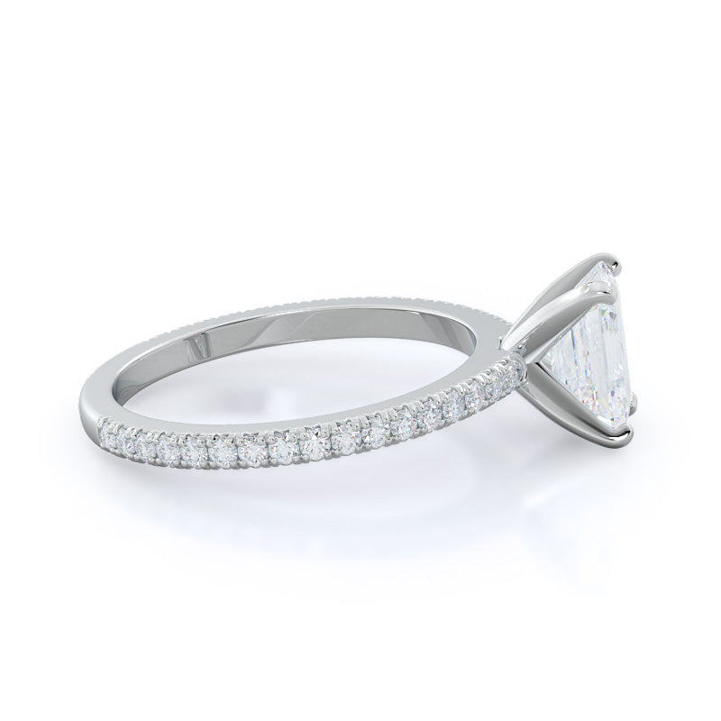 Petite French Set Diamond Engagement Ring with Emerald Cut Diamond in 14KT Platinum view 3
