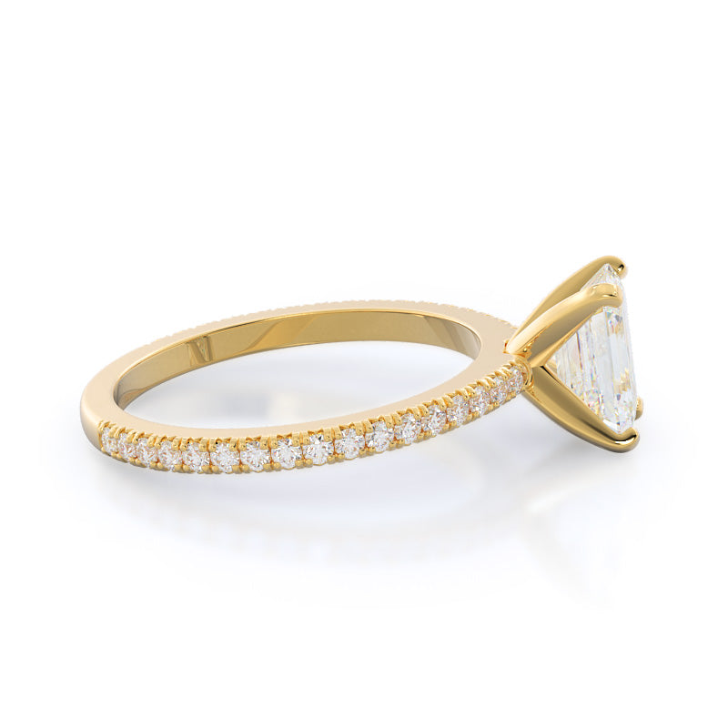 Petite French Set Diamond Engagement Ring with Emerald Cut Diamond in 14KT Yellow Gold view 3

