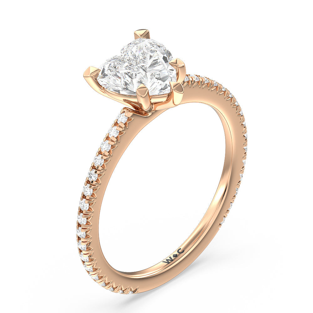 Petite French Set Diamond Engagement Ring with Heart Cut Diamond in 14KT Rose Gold view 3
