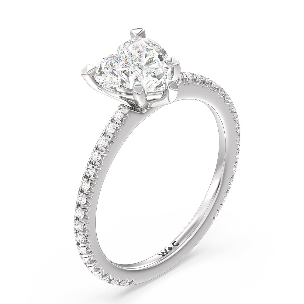 Petite French Set Diamond Engagement Ring with Heart Cut Diamond in 14KT Platinum view 3
