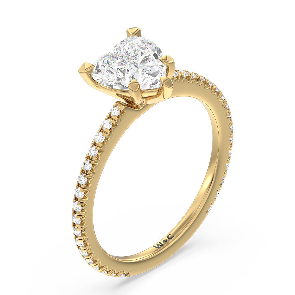 Petite French Set Diamond Engagement Ring with Heart Cut Diamond in 14KT Yellow Gold view 3
